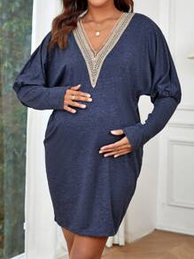 SHEIN Maternity Contrast Guipure Lace Dolman Sleeve Dress