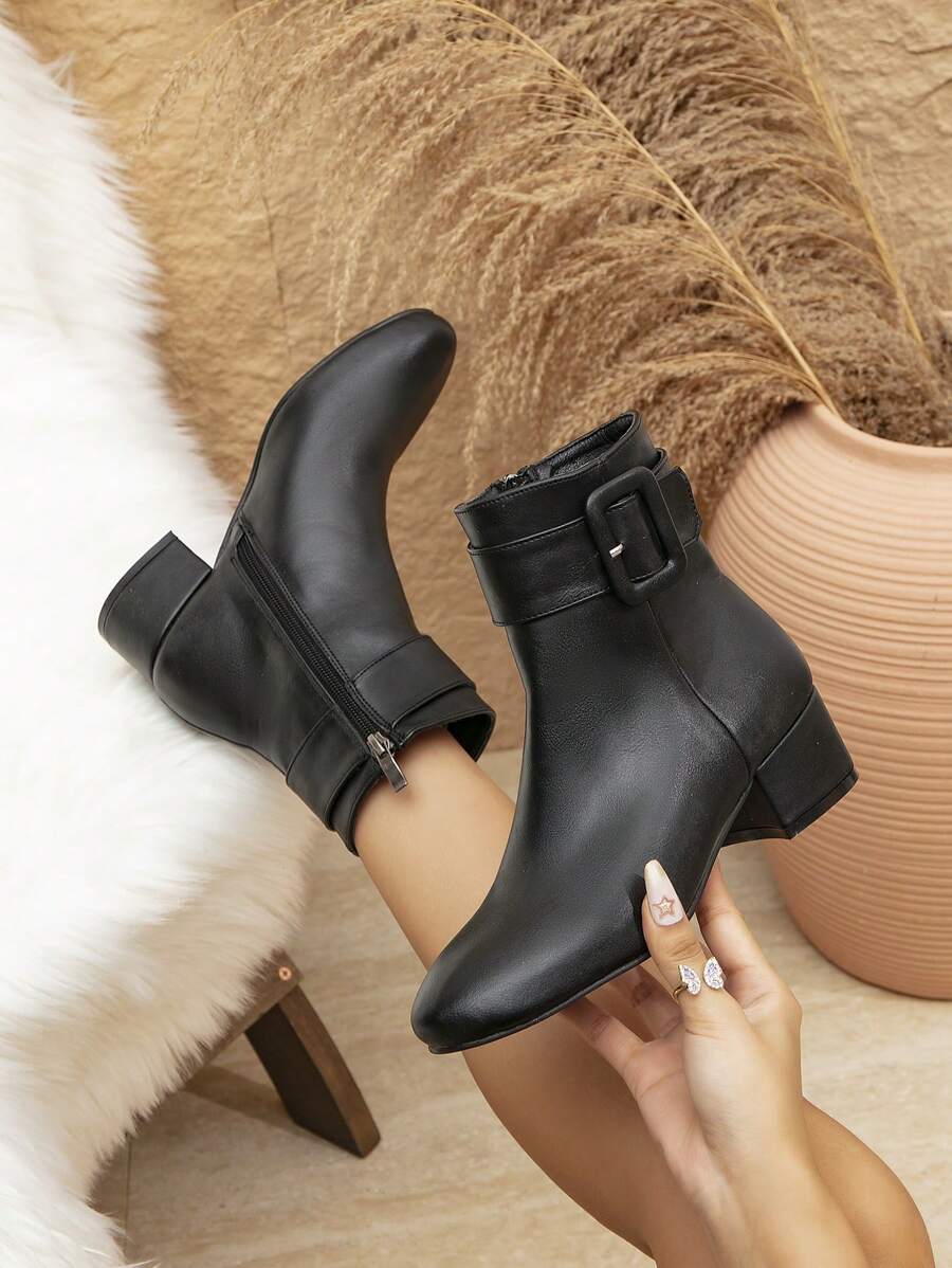 Fall/Winter High Heels Side Zipper Women's Fashion Boots, Elegant Round Toe Thick Heel Party, Holiday, Wedding Shoes With Rhinestone Ribbon & Bow Decor - Black - View 1