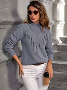Aveloria Fringe Trim Mock Neck Drop Shoulder Sweater