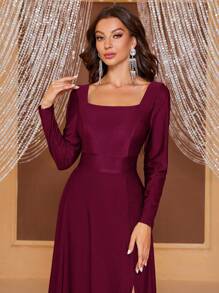 YISIKADO Square Neck Split Thigh Dress - Burgundy - View 4