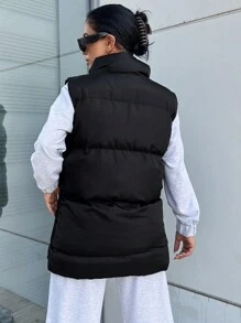 SHEIN Cottnline Flap Pocket Vest Puffer Coat - Black - View 3