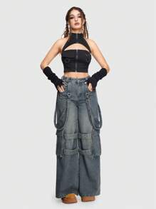 ROMWE Grunge Punk 带盖口袋阔腿牛仔裤（无腰带）学校款 - 霧霾藍 - 查看 2