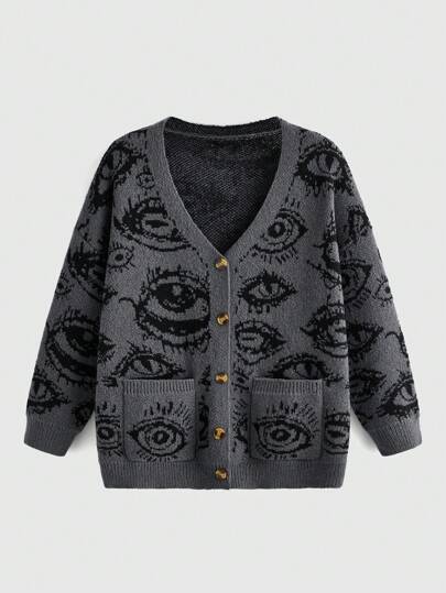 Grunge Punk Cardigan Motif Yeux À Bouton