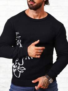 Manfinity Homme Men Graphic Pattern Sweater - Black and White - View 1