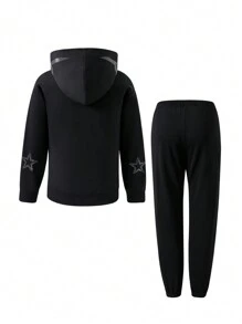 SHEIN Tween Girl Rhinestone Letter Pattern Zip Up Hooded Sweatshirt & Sweatpants - Black - View 2