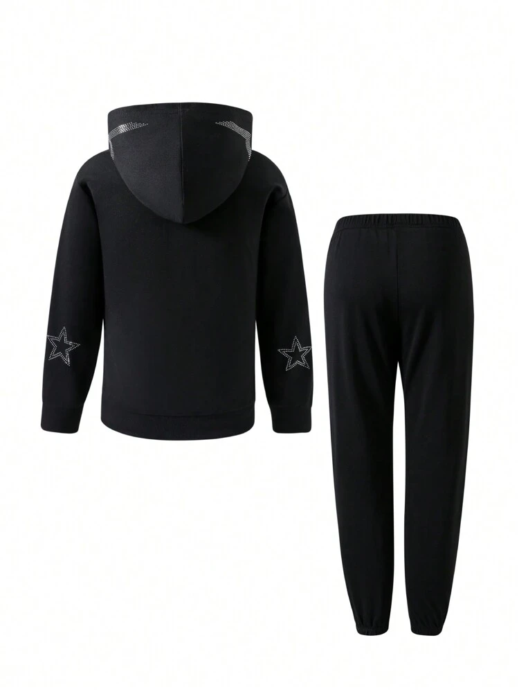 Tween Girl Rhinestone Letter Pattern Zip Up Hooded Sweatshirt & Sweatpants