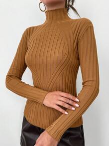 EURMUSE Mock Neck Ribbed Knit Sweater - Camel - View 1