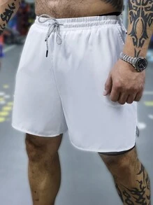 Gym Rark Men Solid Drawstring Waist 2 In 1 Sports Shorts Sweat Pants - Black and White - View 3