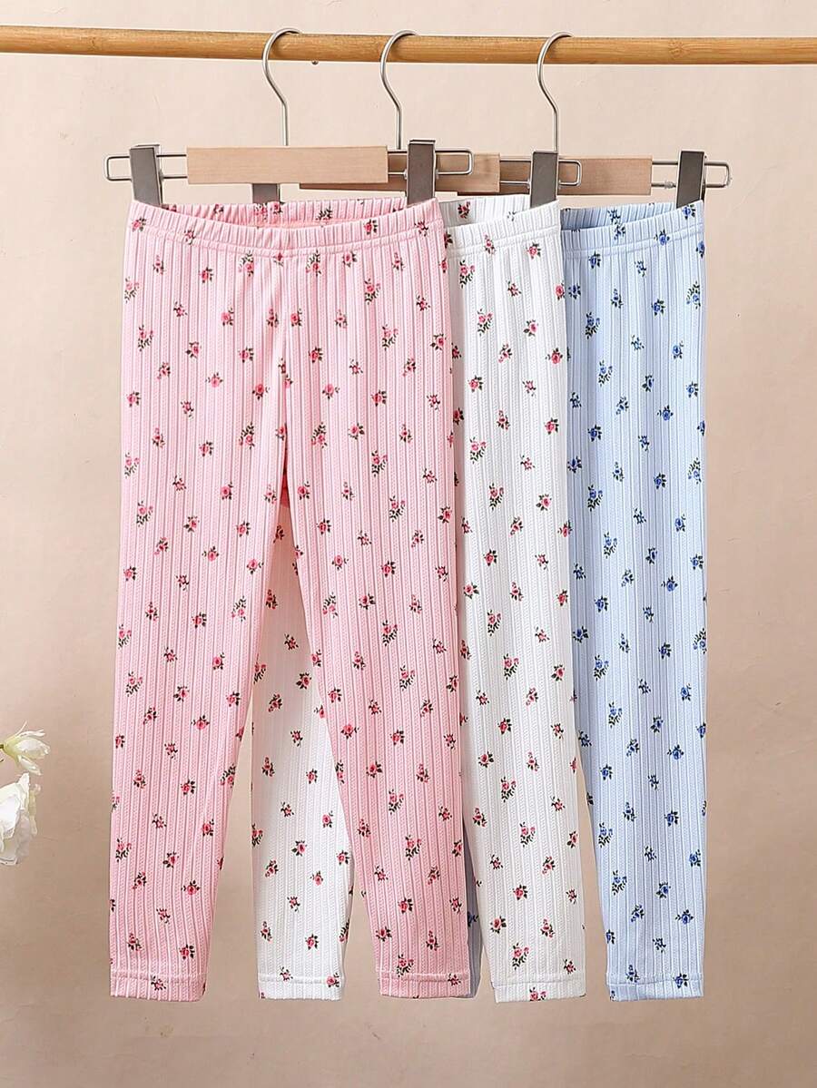 SHEIN 女小童3入組碎花緊身打底褲