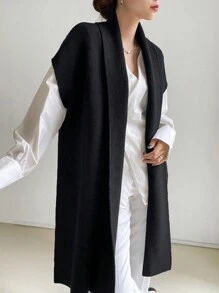 DAZY 1 件纯色蝙蝠袖开衫，休闲商务风格，秋季，无袖上衣 - 黑色 - 查看 5