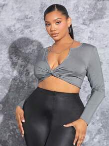 SHEIN SXY 正面扭褶短款上衣 - 灰色 - 查看 1