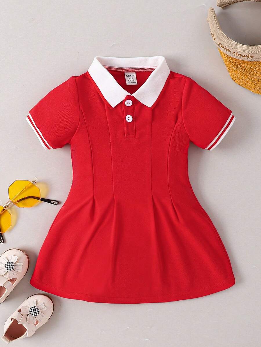 SHEIN Baby Girls Striped Trim Polo Neck Fold Pleated Detail Dress - Red - View 1
