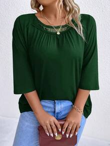 SHEIN LUNE Plus Contrast Guipure Lace Raglan Sleeve Tee - Dark Green - View 4