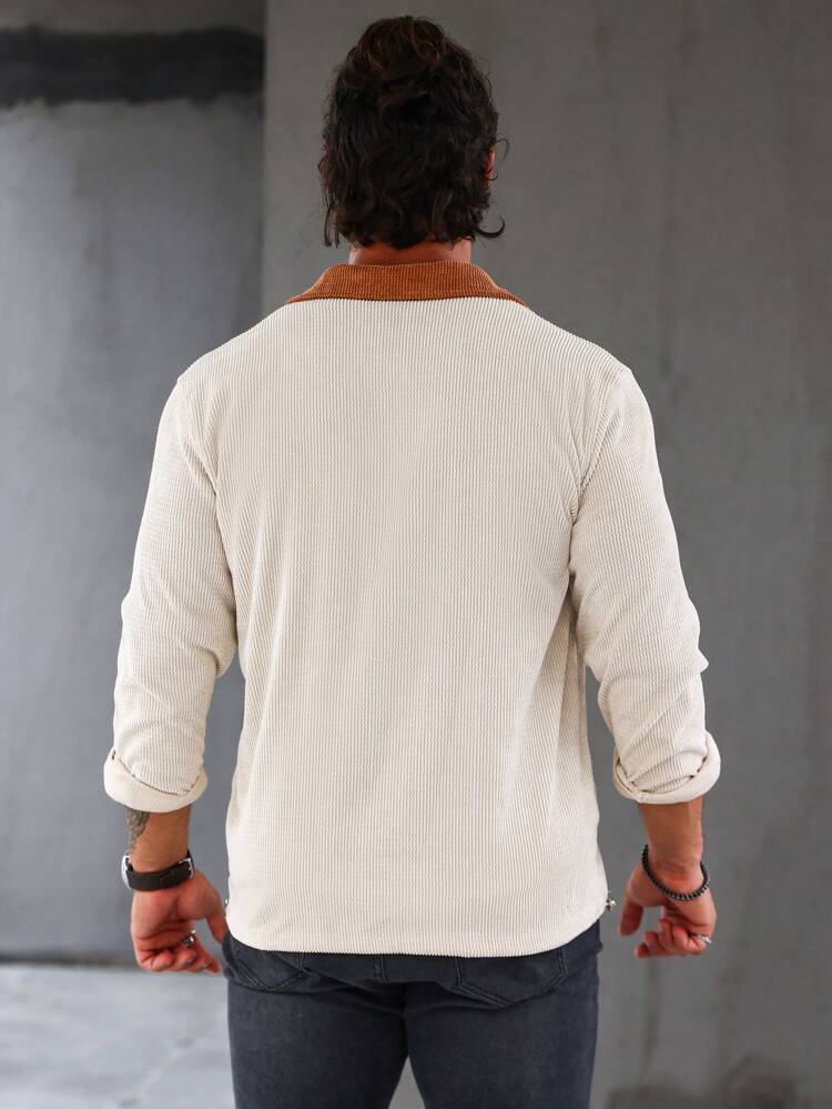 Loose Fit Men's Corduroy Jacket With Flap Pockets & Drawstring Hem, Without T-Shirt