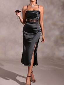 SHEIN BAE Contrast Lace Split Thigh Cami Dress - Black - View 1