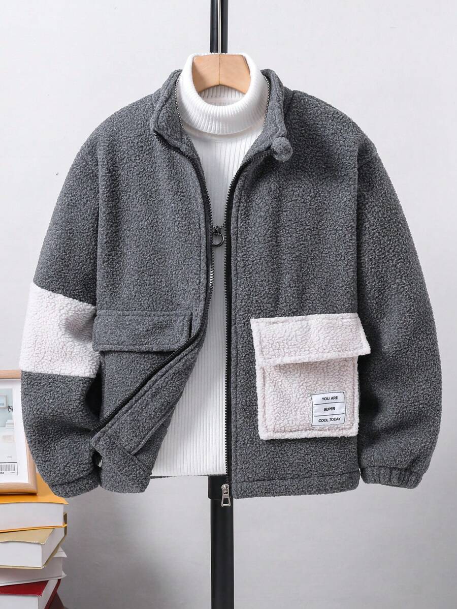 Tween Boy 1pc Letter Patched Flap Pocket Zip Up Teddy Coat - Multicolor - View 1