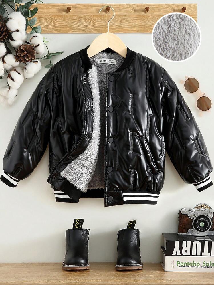 Young Boy Striped Trim Teddy Lined PU Leather Jacket