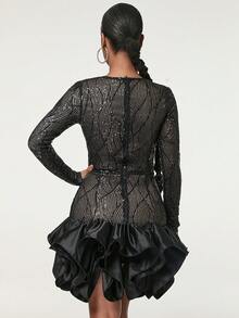 Elegant Mesh Ruffle Hem Sequin Cocktail Bodycon Dress - Black - View 5