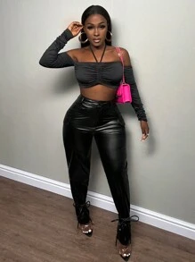 Slaydiva Flap Pocket Side Knot Hem PU Leather Pants - Black - View 4