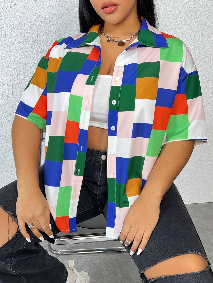 SHEIN LUNE Plus Geo Print Drop Shoulder Shirt - Multicolor - View 1