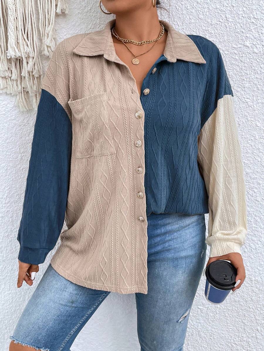 Calvaya 大碼撞色落肩袖口袋貼布襯衫 - 彩色 - 查看 1