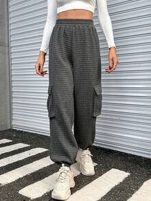 SHEIN Essnce Flap Pocket Side Elastic Waist Sweatpants - Dark Grey - View 4