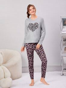 SHEIN Teen Girls' Knit Heart & Leopard Pattern Drop Shoulder T-Shirt And Pants Pajama Set - Grey - View 6
