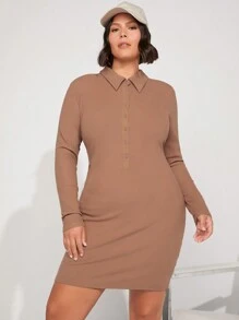 SHEIN BASICS Plus Button Front Bodycon Dress - Brown - View 7