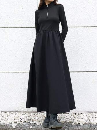 Solid Zip Half Placket A-line Dress