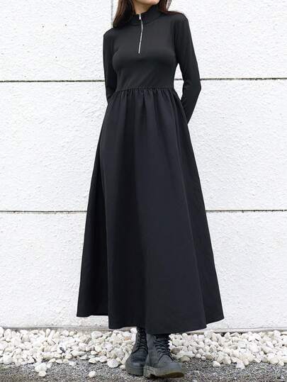 Solid Zip Half Placket A-line Dress