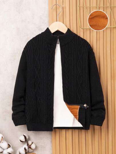SHEIN Tween Boy 1pc Cable Knit Zipper Cardigan