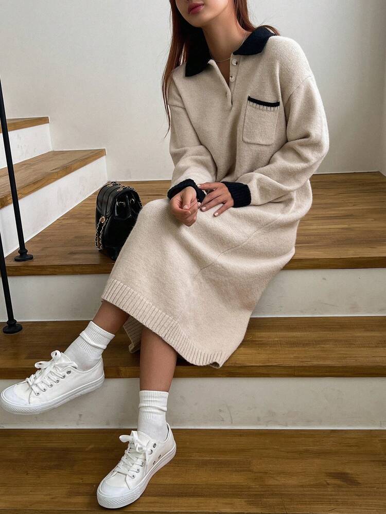 Contrast Collar Drop Shoulder Pocket Patched Sweater Dress