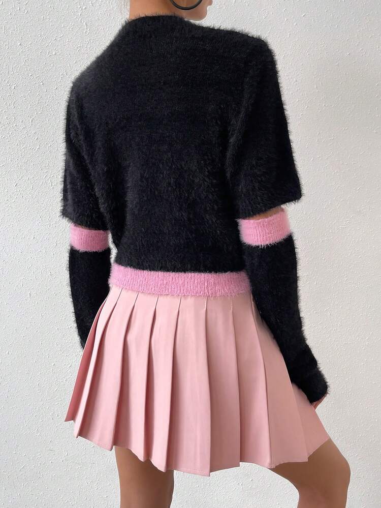 Letter Pattern Fuzzy Knit Top With Arm Sleeves Fall Cloth For Women