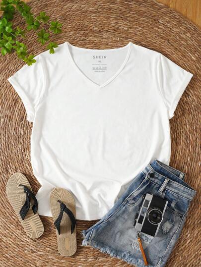 INAWLY Plus Solid V Neck Tee