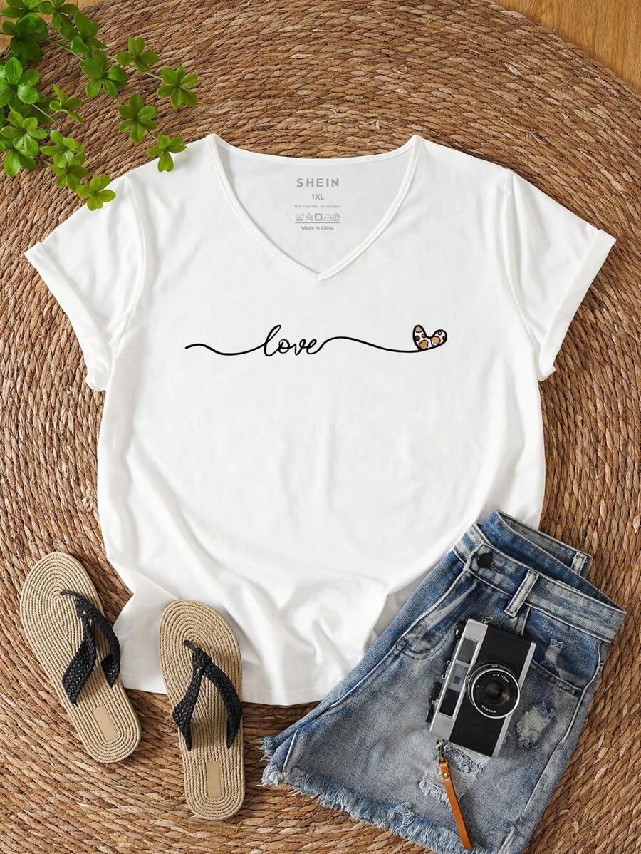 SHEIN EZwear 大碼字母圖案T恤 - 白色 - 查看 1