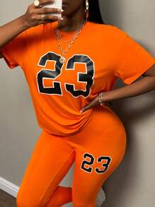 Slaydiva 熒光橙數字圖案落肩T恤&緊身打底褲