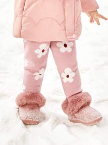 SHEIN Baby Girl Floral Pattern Thermal Lined Knit Pants - Pink - View 4