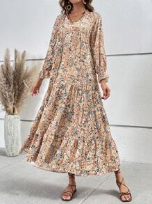 SHEIN VCAY Floral Print Flounce Sleeve Ruffle Hem Smock Dress - Multicolor - View 6