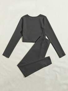 SHEIN EZwear 純色 T 恤和前結打底褲 - 灰色 - 查看 2