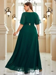 SHEIN Belle 大碼深V領蝴蝶袖腰帶雪紡伴娘洋裝 - 墨綠色 - 查看 3