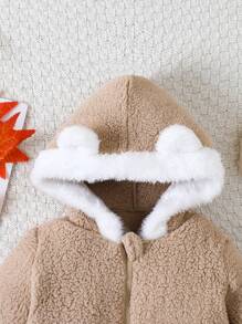 女嬰熊刺繡 3D 耳朵設計連帽泰迪連身褲 - 彩色 - 查看 3