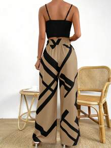 SHEIN LUNE Solid Cami Top & Geo Print Belted Wide Leg Pants - Khaki - View 2