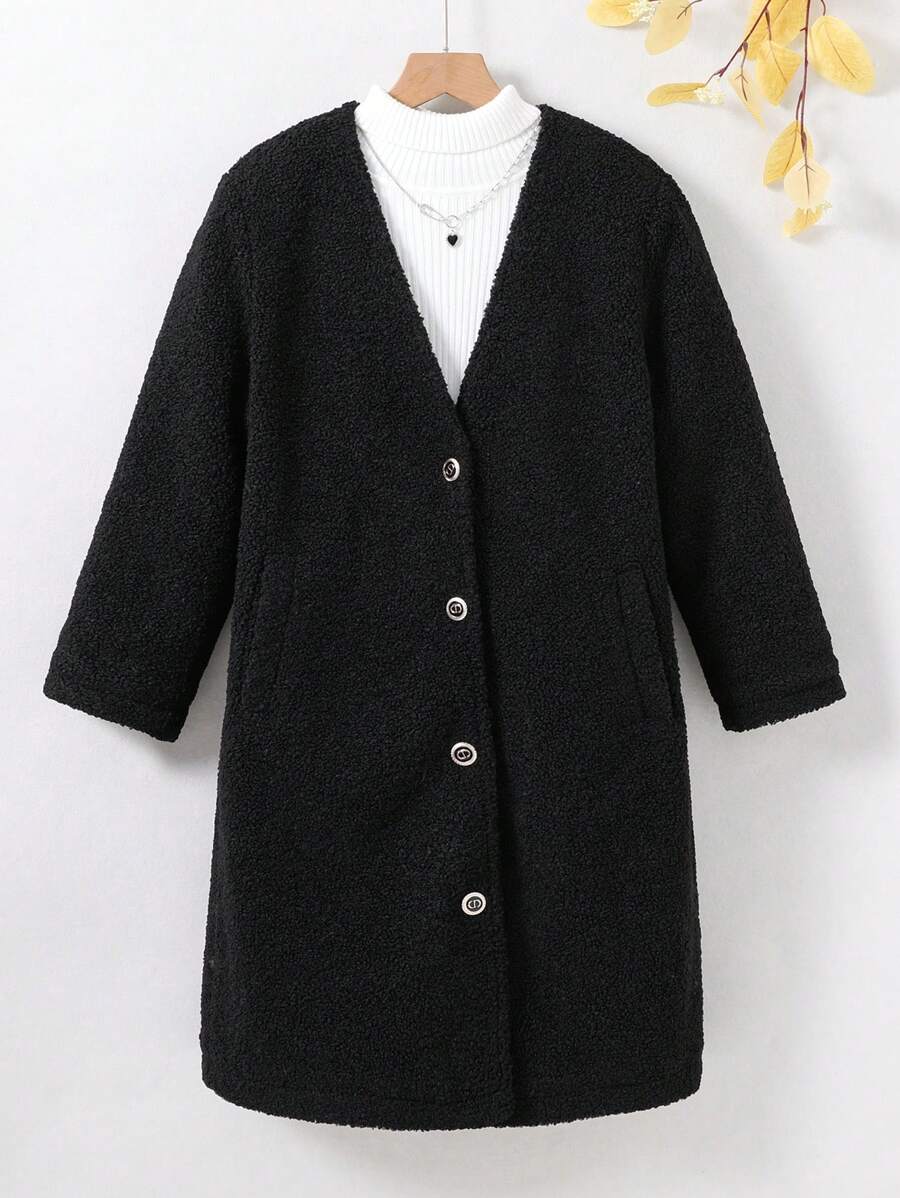 SHEIN Tween Girl 1pc Solid Button Front Overcoat - Black - View 1