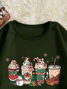INAWLY Plus Christmas Print Thermal Lined Sweatshirt - Army Green - View 4