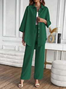 SHEIN LUNE Solid Button Front Shirt & Wide Leg Pants - Dark Green - View 3