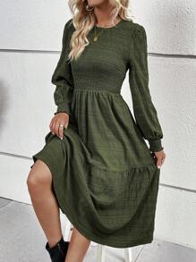 SHEIN Unity Vestido acampanado con dobladillo con volantes lisos - Verde - Ver 3