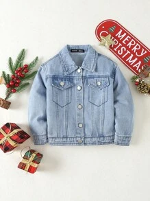 Young Boy Christmas Print Button Front Denim Jacket - Light Wash - View 2