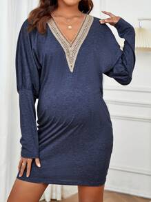 SHEIN Maternity Contrast Guipure Lace Dolman Sleeve Dress