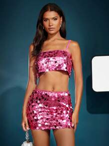 SHEIN BAE Christmas Sequin Bodycon Skirt - Hot Pink - View 4