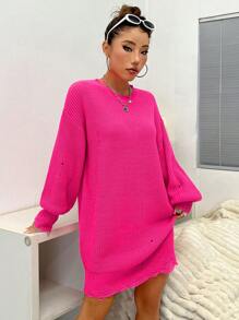 SHEIN Essnce Ripped Drop Shoulder Sweater Dress - Hot Pink - View 1